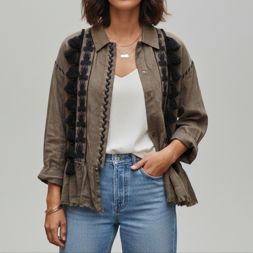 Zara Trafaluc Olive Green Linen Blazer Bohemian Pompom Tassles Size S Boho